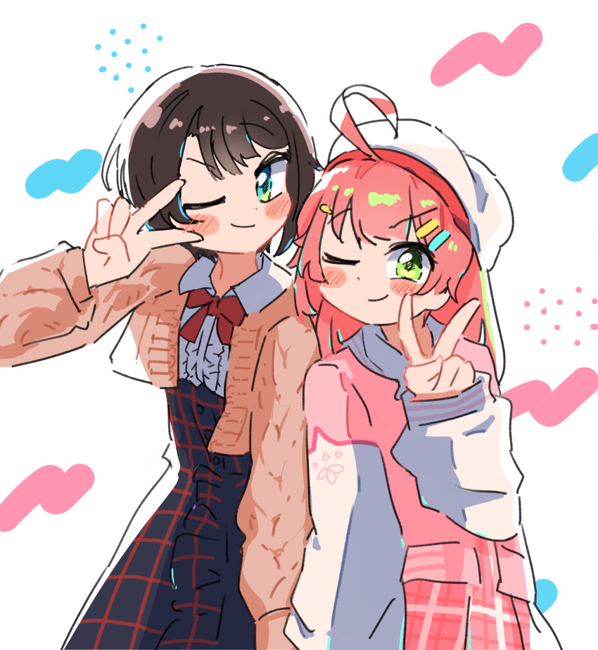 2girls, ahoge, aqua_eyes, beret, blouse, blush_stickers, brown_hair, card, green_eyes, hair_ornament, hairclip, hat, highres, hololive, jacket, long_hair, multiple_girls, nemutai_rara, official_alternate_costume, one_eye_closed, oozora_subaru, oozora_subaru_(casual), red_hair, sakura_miko, sakura_miko_(school_uniform), shirt, short_hair, skirt, v, virtual_youtuber