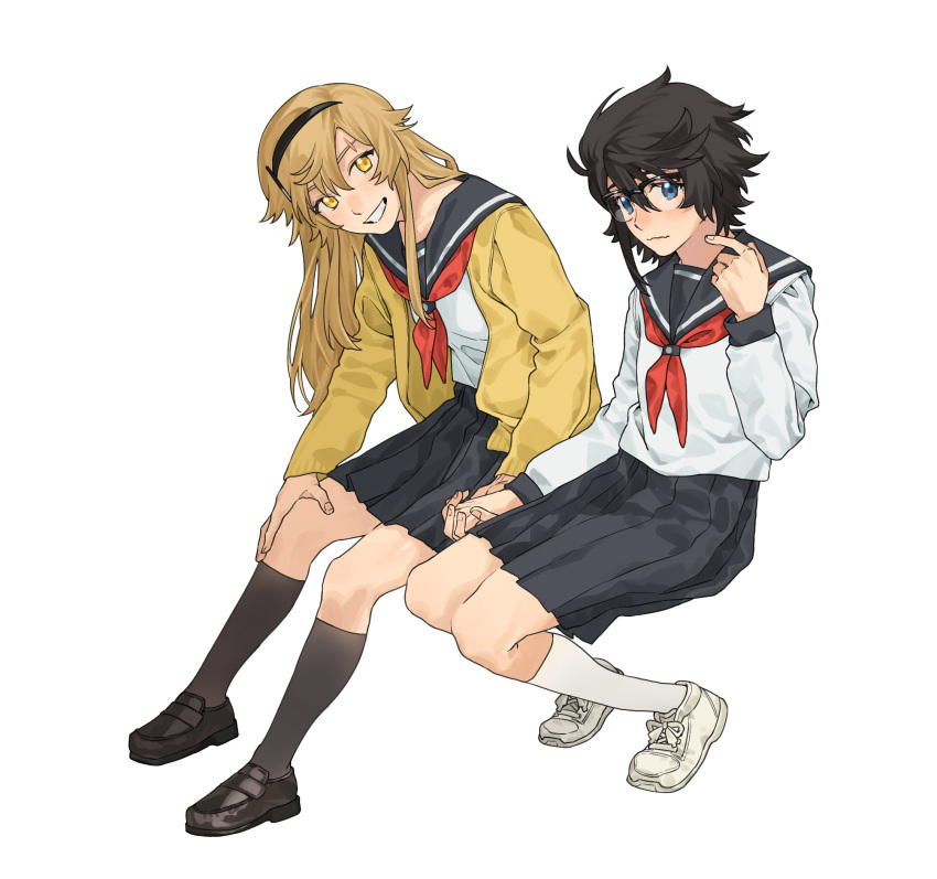 2girls, black_hair, black_headband, black_sailor_collar, black_skirt, black_socks, blonde_hair, blue_eyes