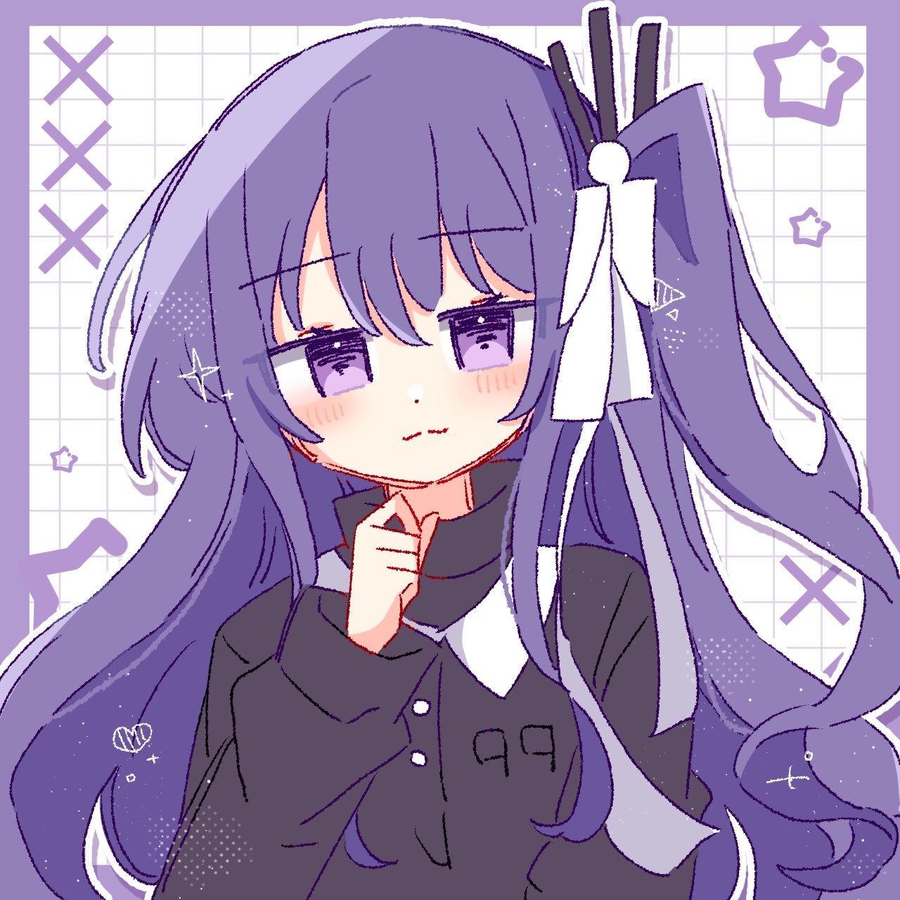 1girl, :3, black_shirt, border, buttons, closed_mouth, commentary, dot_nose