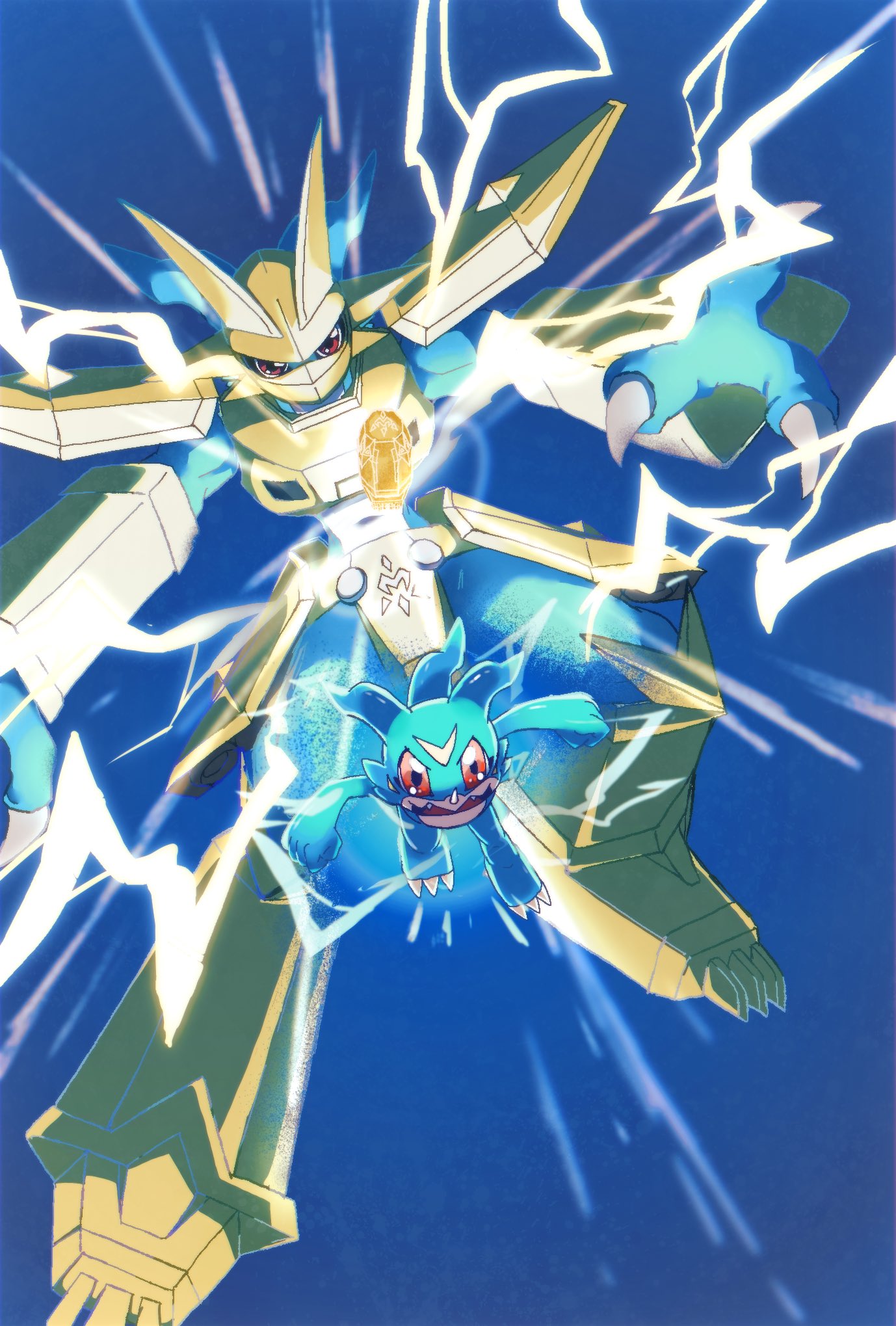 armor, blue_background, blue_scales, blue_skin, colored_skin, digimental, digimental_of_miracles, digimon