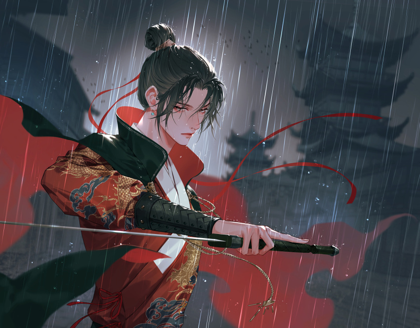 1boy, architecture, bird, black_cape, black_hair, building, cape, chinese_clothes