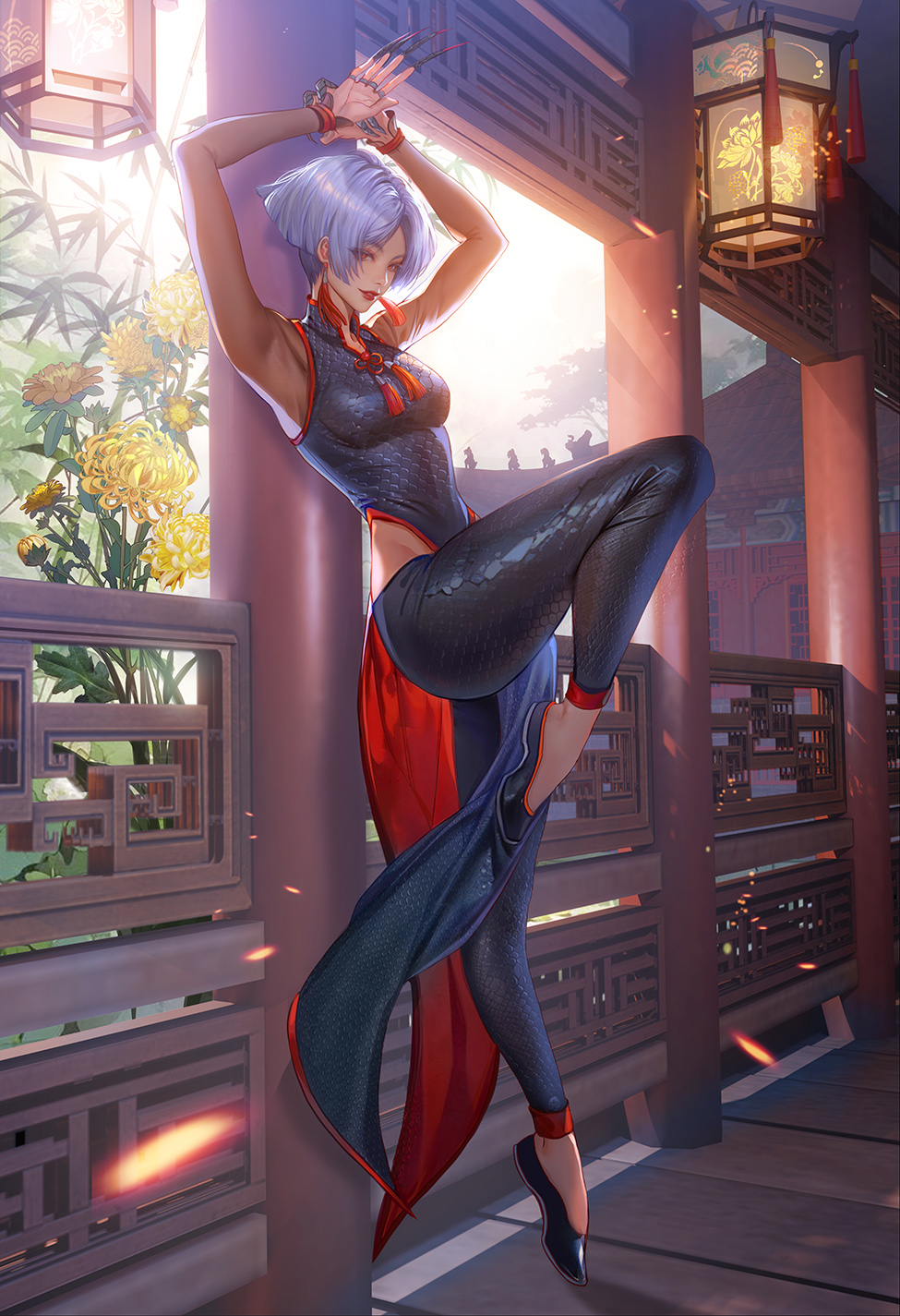 1girl, a.k.i._(street_fighter), armpits, arms_up, black_shoes, breasts, china_dress, chinese_clothes