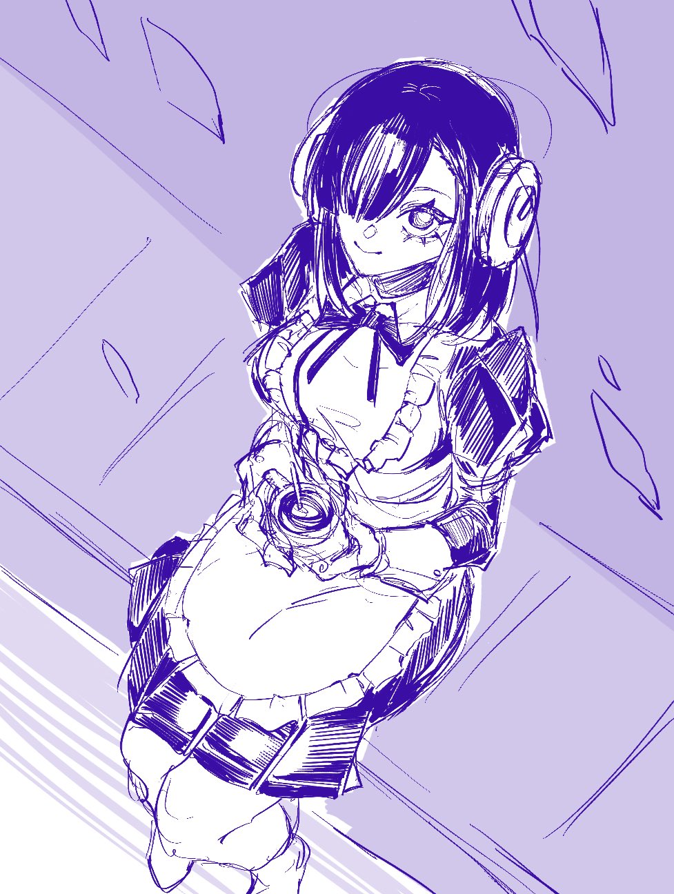 1girl, against_wall, android, apron, blunt_bangs, borrowed_character, c-bas, commentary