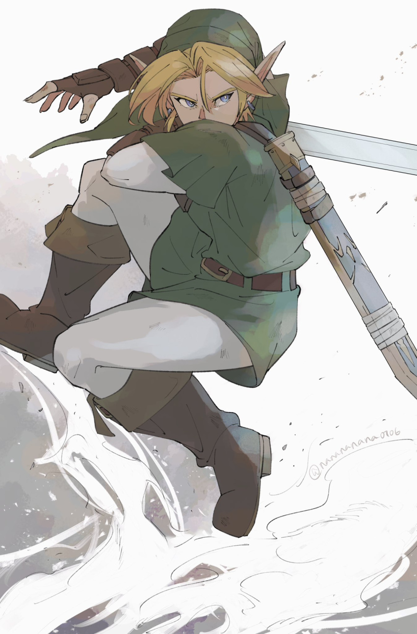 1boy, belt, blonde_hair, blue_eyes, boots, brown_boots, curtained_hair, earrings, gauntlets, green_tunic, hat, highres, jewelry, link, nanananana0706, padded_gloves, phrygian_cap, pointy_ears, short_hair, solo, sword, the_legend_of_zelda, the_legend_of_zelda:_ocarina_of_time, tunic, weapon