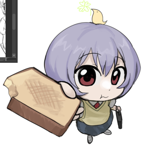 1girl, animal_on_head, ayanami_rei, bag, bird, bird_on_head, black_socks, blue_hair, blue_skirt, blush, bread, bread_slice, briefcase, brown_vest, chibi, chibi_only, clip_studio_paint, commentary, english_commentary, food, food_in_mouth, full_body, grey_skirt, hand_up, holding, holding_food, holding_sandwich, lina_rei, lowres, mouth_hold, necktie, neon_genesis_evangelion, nvi2762, offering_hand, on_head, red_eyes, red_necktie, running, sandwich, school_briefcase, school_uniform, shirt, short_hair, short_sleeves, simple_background, skirt, socks, solo, sweater_vest, toast, toast_in_mouth, tokyo-3_middle_school_uniform, user_interface, vest, white_background, white_shirt, yellow_sweater_vest