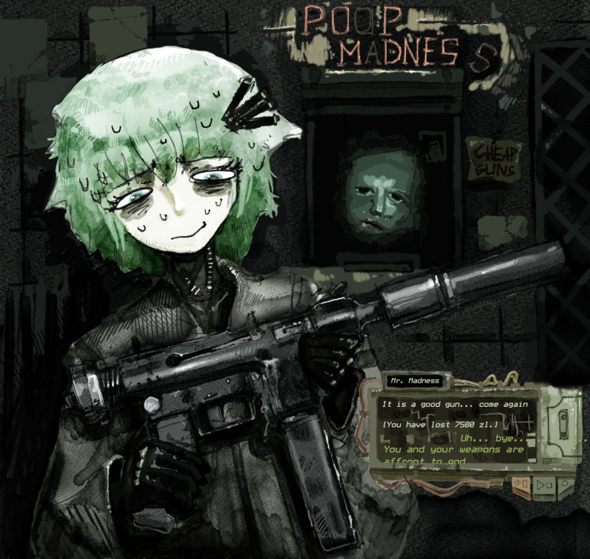 ..., 1boy, 1girl, bags_under_eyes, black_bodysuit, black_coat, black_gloves, blue_eyes, bodysuit, bodysuit_under_clothes, borrowed_character, brick_wall, cassette_player, character_name, closed_mouth, coat, commentary, dark, dark_background, dark_room, dialogue_box, dialogue_options, dilapidated, discomfort, english_commentary, english_text, forced_smile, gloves, green_hair, gun, hair_ornament, hairclip, head_tilt, highres, holding, holding_gun, holding_weapon, imax_3d, kiosk, leaning_to_the_side, looking_at_object, looking_down, looking_through_window, magazine_(weapon), marie_(peripeteia), marquee_lights, medium_hair, neon_lights, neon_sign, nervous_sweating, open_window, original, peripeteia, poland, shadow, shop, sign, sketch, submachine_gun, suppressor, sweat, trench_coat, trigger_discipline, truss, uncomfortable, upper_body, user_interface, weapon, weapon_focus, window