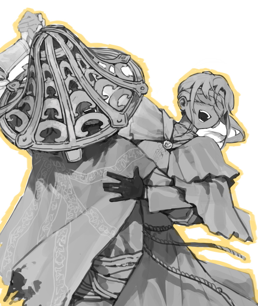 1boy, 1girl, absurdres, blindfold, bloody_finger_hunter_yura, cape, commentary, dancing
