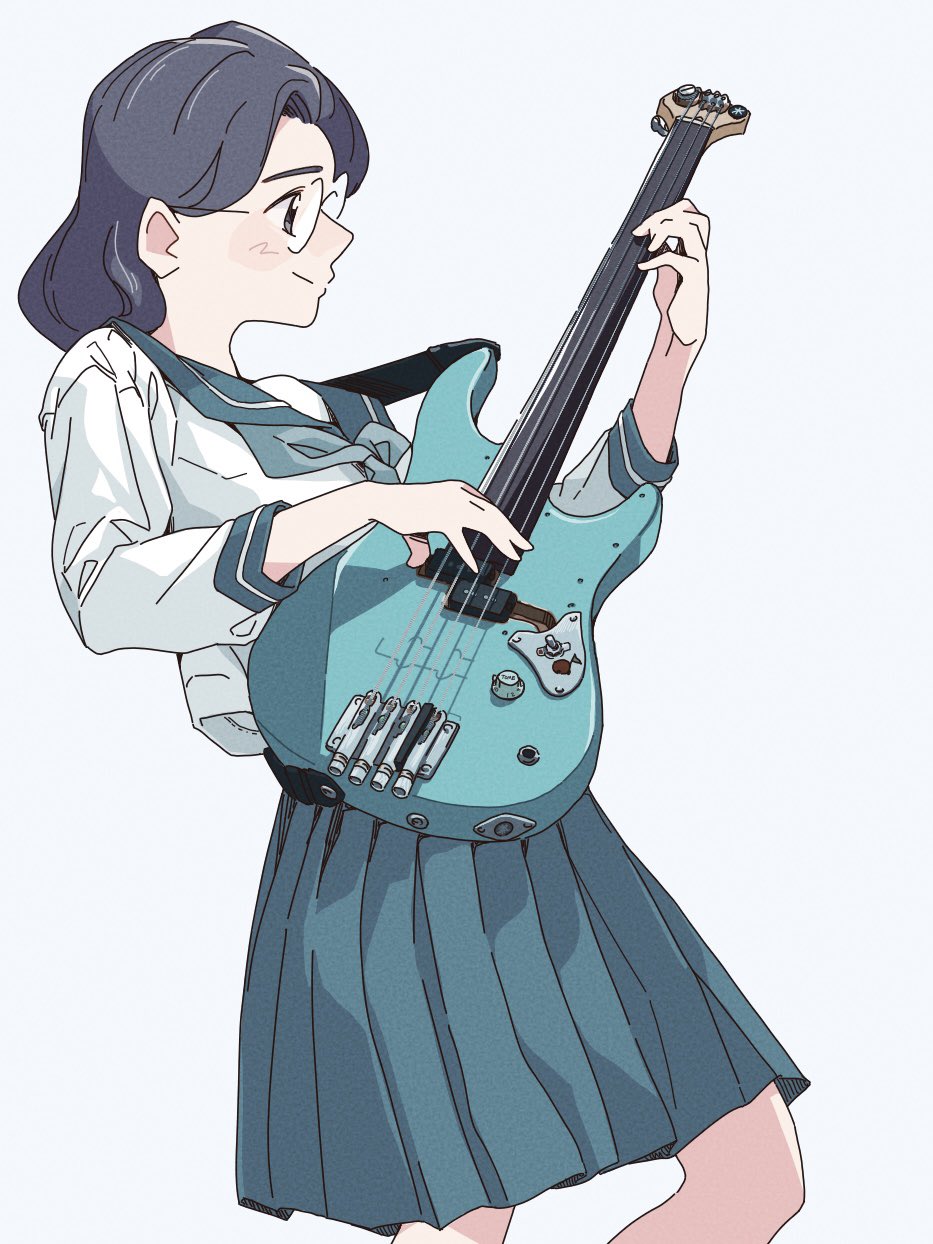 1girl, bass_guitar, black_eyes, black_hair, blue_neckerchief, blue_sailor_collar, blue_skirt, blush