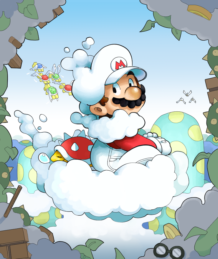 1boy, black-framed_eyewear, brown_hair, cloud_mario, clouds, deeznutterbutts, facial_hair, glasses, gloves, hat, koopa_paratroopa, mario, mustache, official_alternate_costume, overalls, red_shirt, round_eyewear, shirt, short_hair, sitting, spiny, super_mario_bros., unworn_eyewear, white_gloves, white_hat, white_overalls