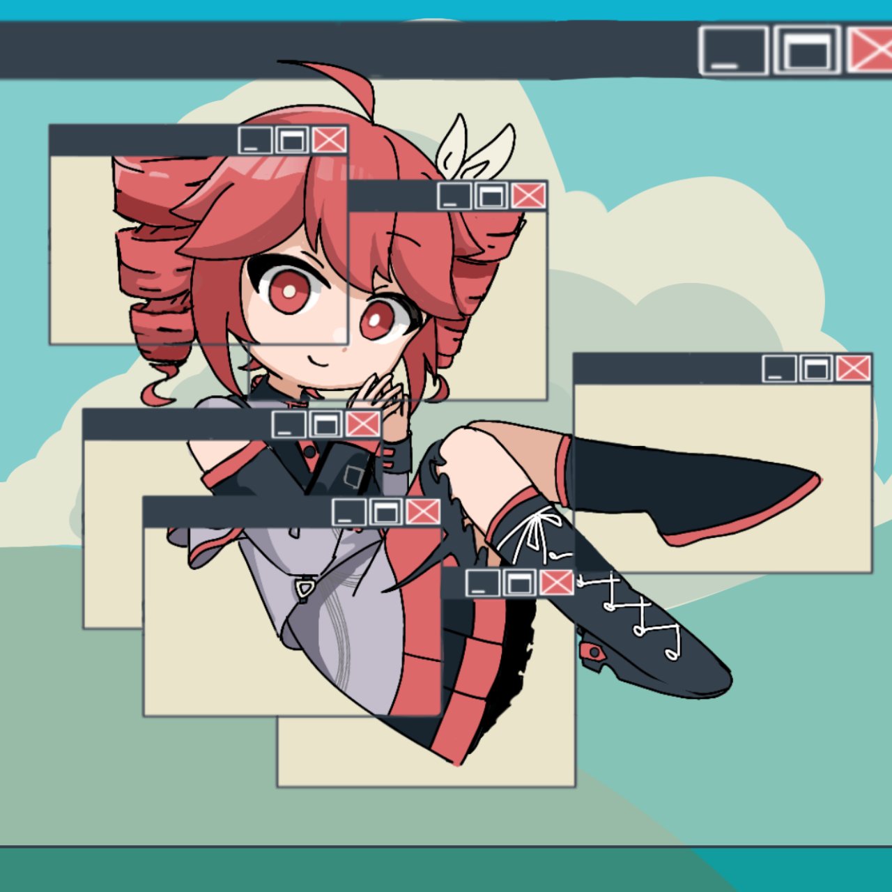 1girl, ahoge, black_boots, black_shirt, black_skirt, black_sleeve_cuffs, bliss_(image), blue_sky, boots, bow, bright_pupils, collared_shirt, denpa_suru_ai_(synthesizer_v), detached_sleeves, drill_hair, floating, grey_jacket, grey_skirt, hair_between_eyes, hair_bow, highres, jacket, kasane_teto, kasane_teto_(sv), kneehighs, lace-up_boots, layered_sleeves, long_sleeves, looking_at_viewer, microsoft_windows, pleated_skirt, red_eyes, red_skirt, red_socks, shirt, skirt, sky, sleeveless, sleeveless_shirt, socks, solo, steepled_fingers, striped_clothes, striped_skirt, synthesizer_v, twin_drills, twintails, umihotaru, utau, white_bow, white_pupils, window_(computing), windows_xp