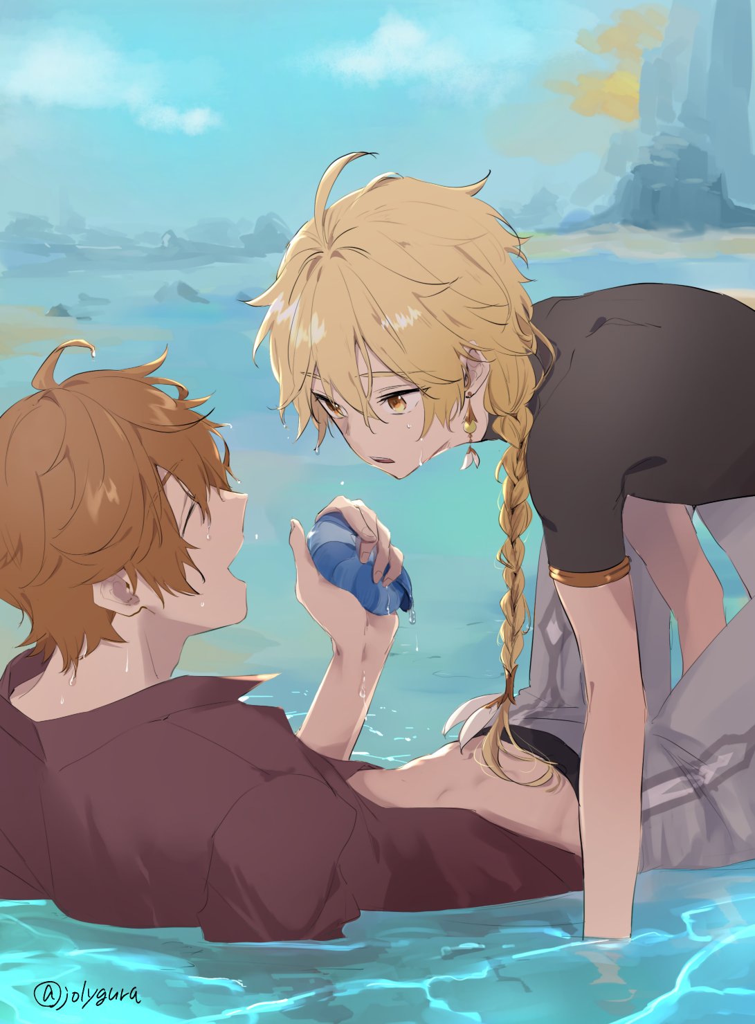 2boys, aether_(genshin_impact), ahoge, artist_name, black_shirt, blonde_hair, blue_sky, braid