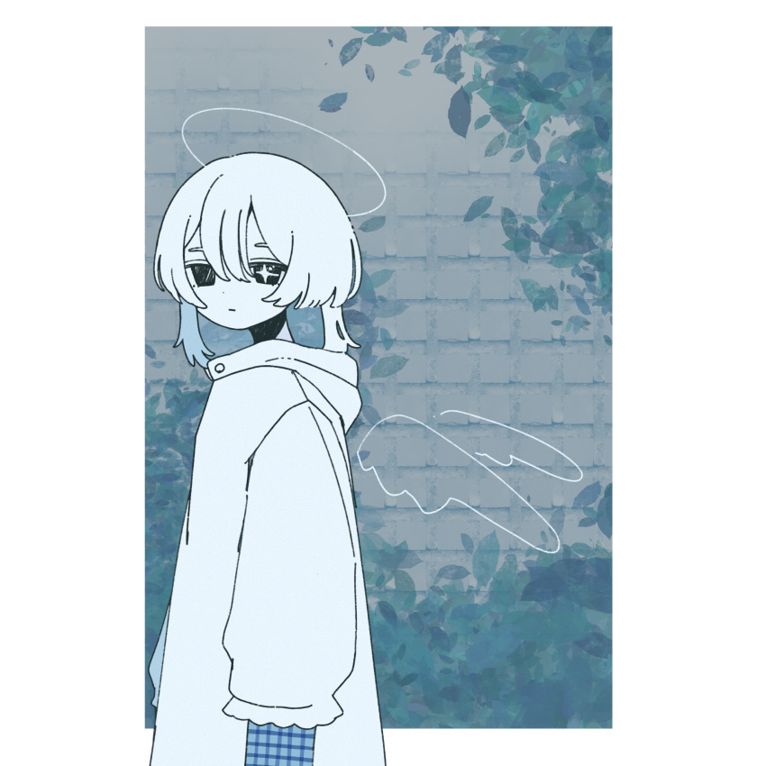1girl, angel, angel_wings, closed_mouth, coat, commentary, halo, highres