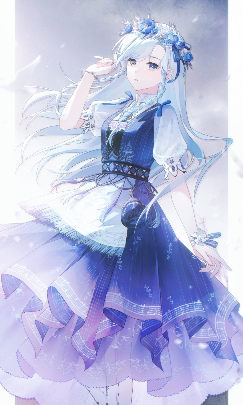 1girl, absurdres, apron, blue_bow, blue_dress, blue_eyes, blue_flower, border