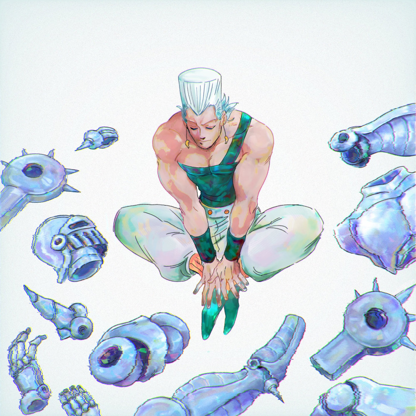 alternate_color, armor, black_tank_top, closed_eyes, closed_mouth, disassembly, dismemberment, earrings, flattop, glitch, highres, indian_style, jean_pierre_polnareff, jewelry, jojo_no_kimyou_na_bouken, knight, male_focus, monpe_(sentakuchu), pants, silver_chariot, simple_background, single_strap, sitting, stand_(jojo), stardust_crusaders, tall_hair, tank_top, white_hair, white_pants, wristband