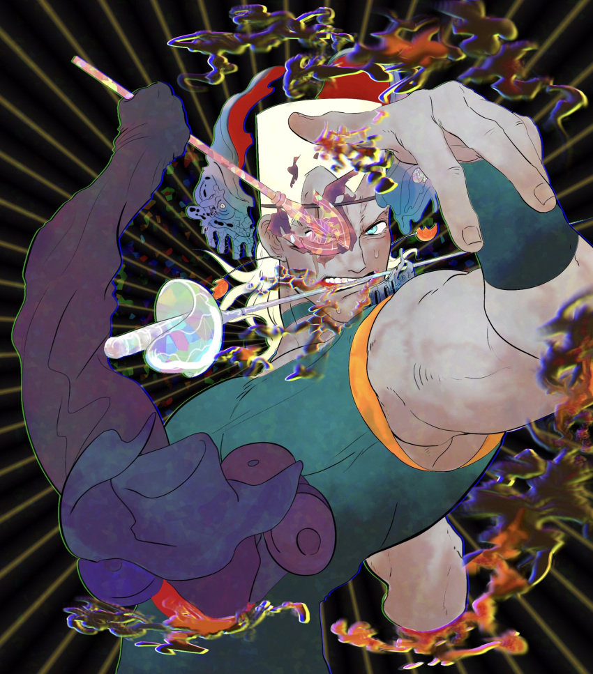 1boy, arrow_(jojo), blue_eyes, blue_tank_top, chariot_requiem, choker, earrings, emphasis_lines