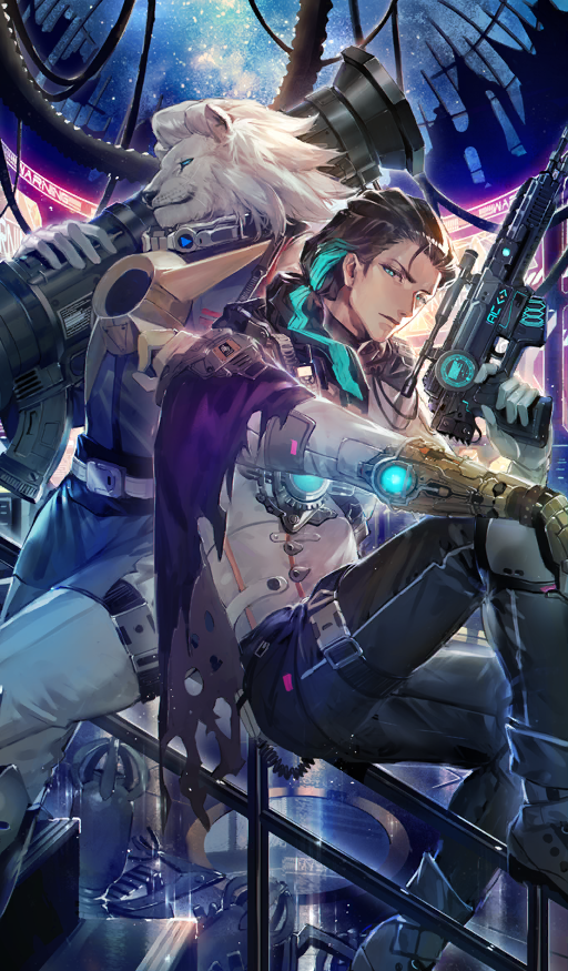 2boys, animal_head, aqua_eyes, aqua_hair, aqua_streaks, armor, armored_boots, black_boots
