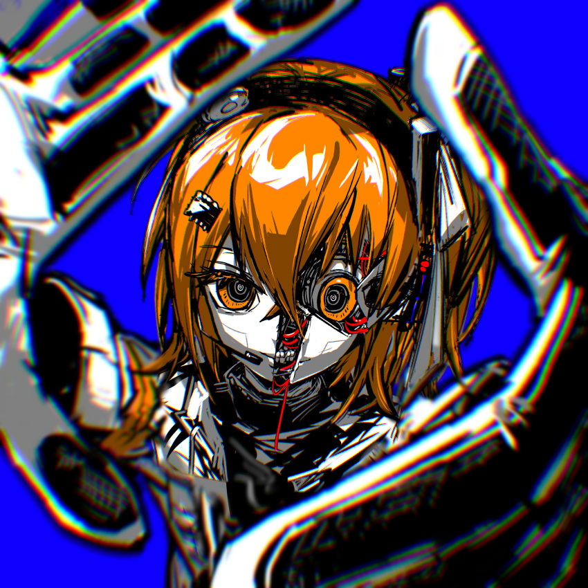 1girl, a.i._voice, absurdres, adachi_rei, black_gloves, black_shirt, blue_background, cable