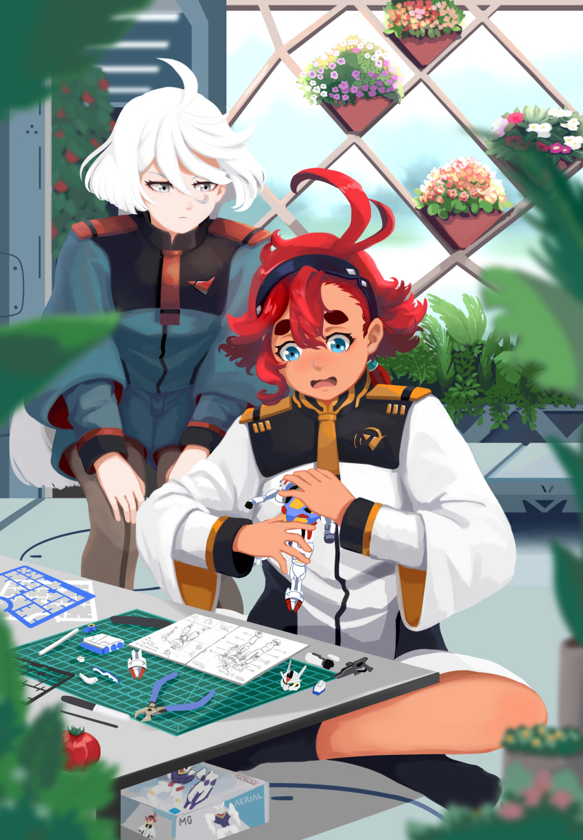 2girls, absurdres, antenna_hair, asticassia_school_uniform, black_socks, blue_eyes, blurry, blurry_foreground