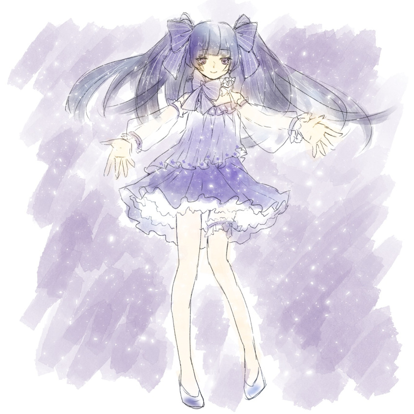 1girl, bare_legs, bare_shoulders, blue_bow, blue_choker, blue_dress, blue_shoes, blunt_bangs, border, bow, bow_choker, bow_legwear, bright_galaxy_(miracle_nikki), choker, closed_mouth, clothing_cutout, commentary_request, dot_nose, dress, eyelashes, flats, floating_clothes, floating_hair, frilled_choker, frilled_dress, frilled_sleeves, frilled_thigh_strap, frills, full_body, hair_bow, happy, highres, light_particles, long_sleeves, looking_at_viewer, miracle_nikki, nekoneko_gon, nikki_(series), outline, outstretched_arms, palms, puffy_long_sleeves, puffy_sleeves, see-through_clothes, see-through_sleeves, shoes, short_dress, shoulder_cutout, smile, solo, space, space_print, square_neckline, standing, starry_sky_print, striped_bow, thigh_strap, two_side_up, violet_eyes, white_border, white_outline, white_sleeves