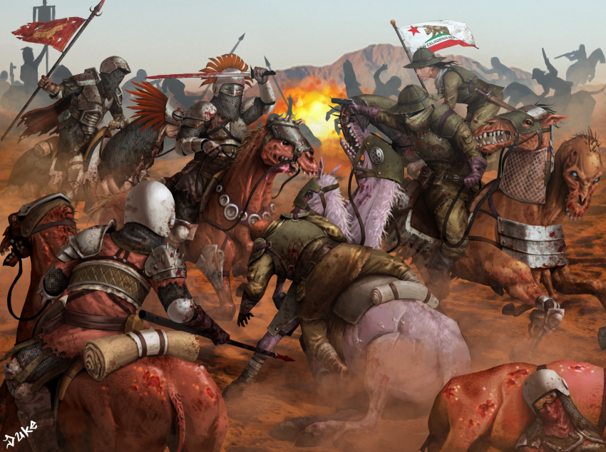 armor, banner, bedroll, black_hair, bulletproof_vest, caesar's_legion, cape, cavalry