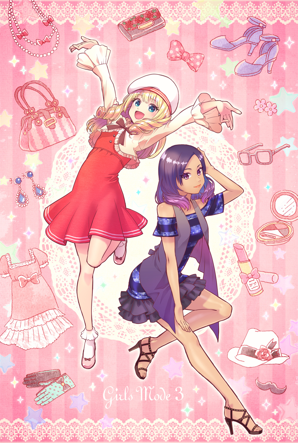 2girls, bag, blonde_hair, blue_eyes, border, coco_(girls_mode_3), commentary_request, cosmetics