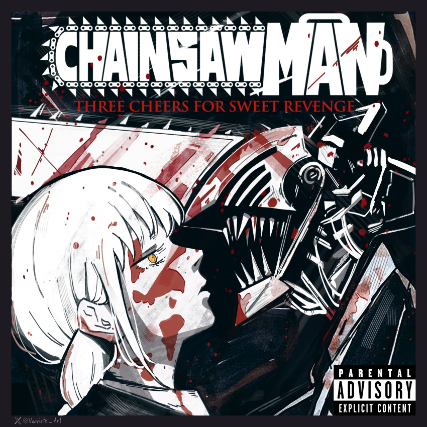 1boy, 1girl, absurdres, album_cover_redraw, blood, blood_on_clothes, blood_on_face, chainsaw