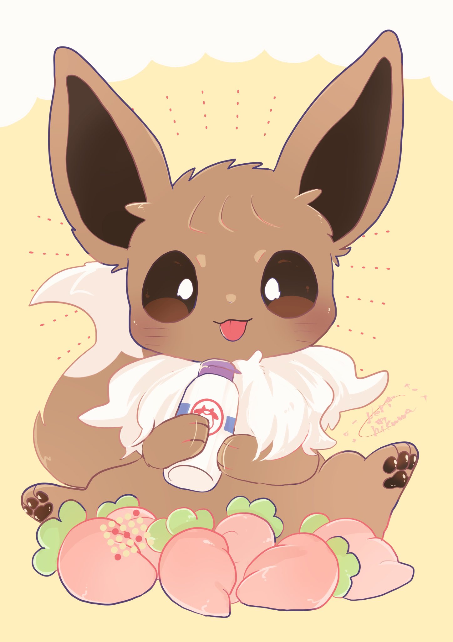 animal_focus, banchiku, berry_(pokemon), blush, bottle, brown_eyes, commentary_request, eevee