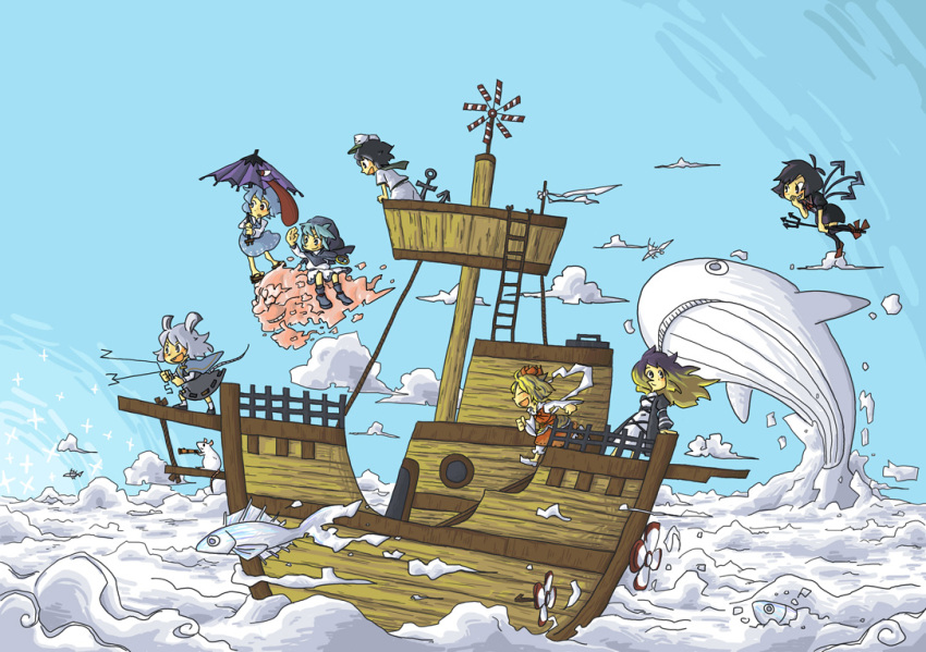 airship, anchor, animal_ears, black_hair, blonde_hair, blue_eyes, blue_hair, chibi