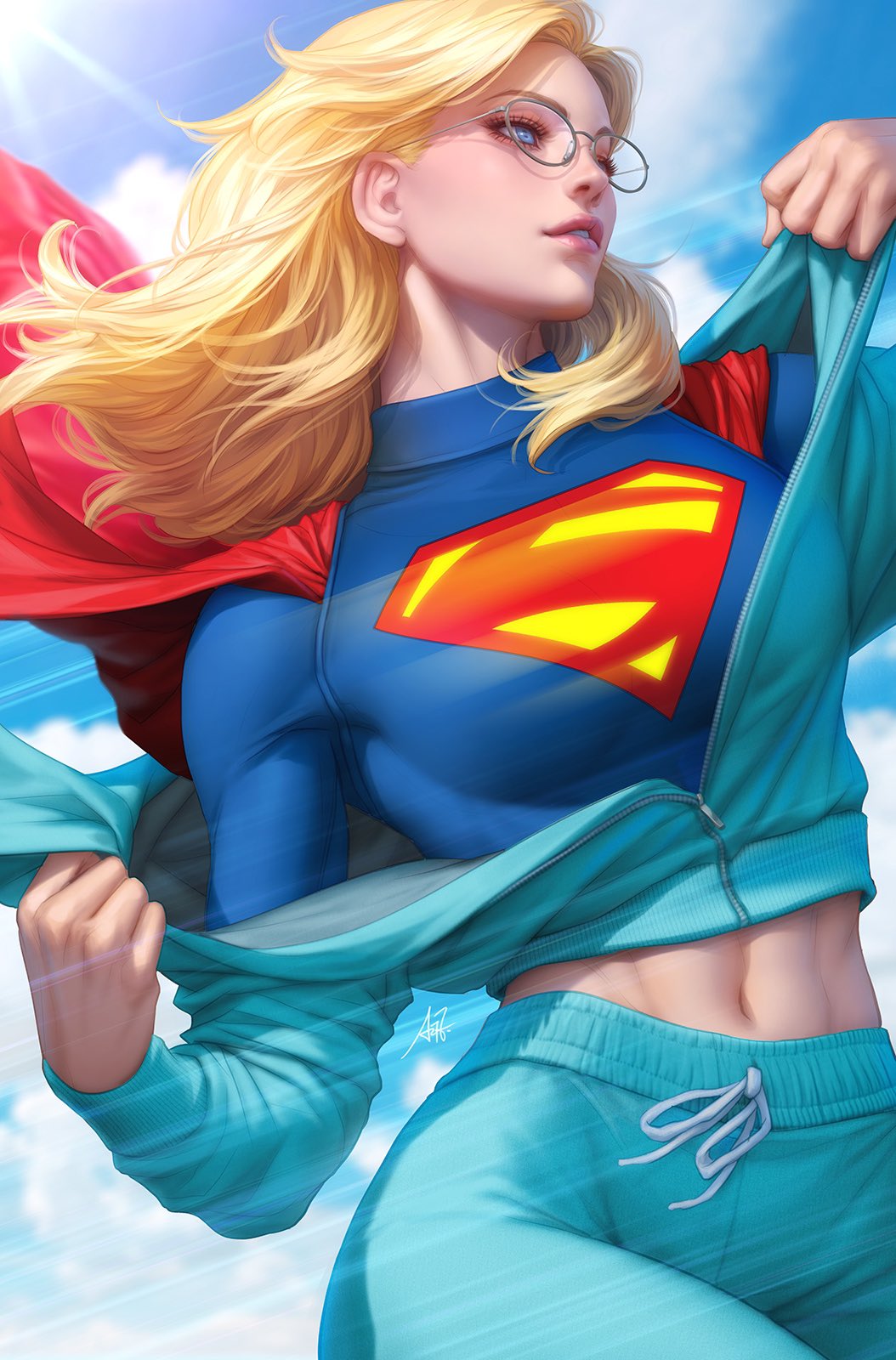 1girl, abs, blonde_hair, cape, comic_cover, dc_comics, glasses, highres