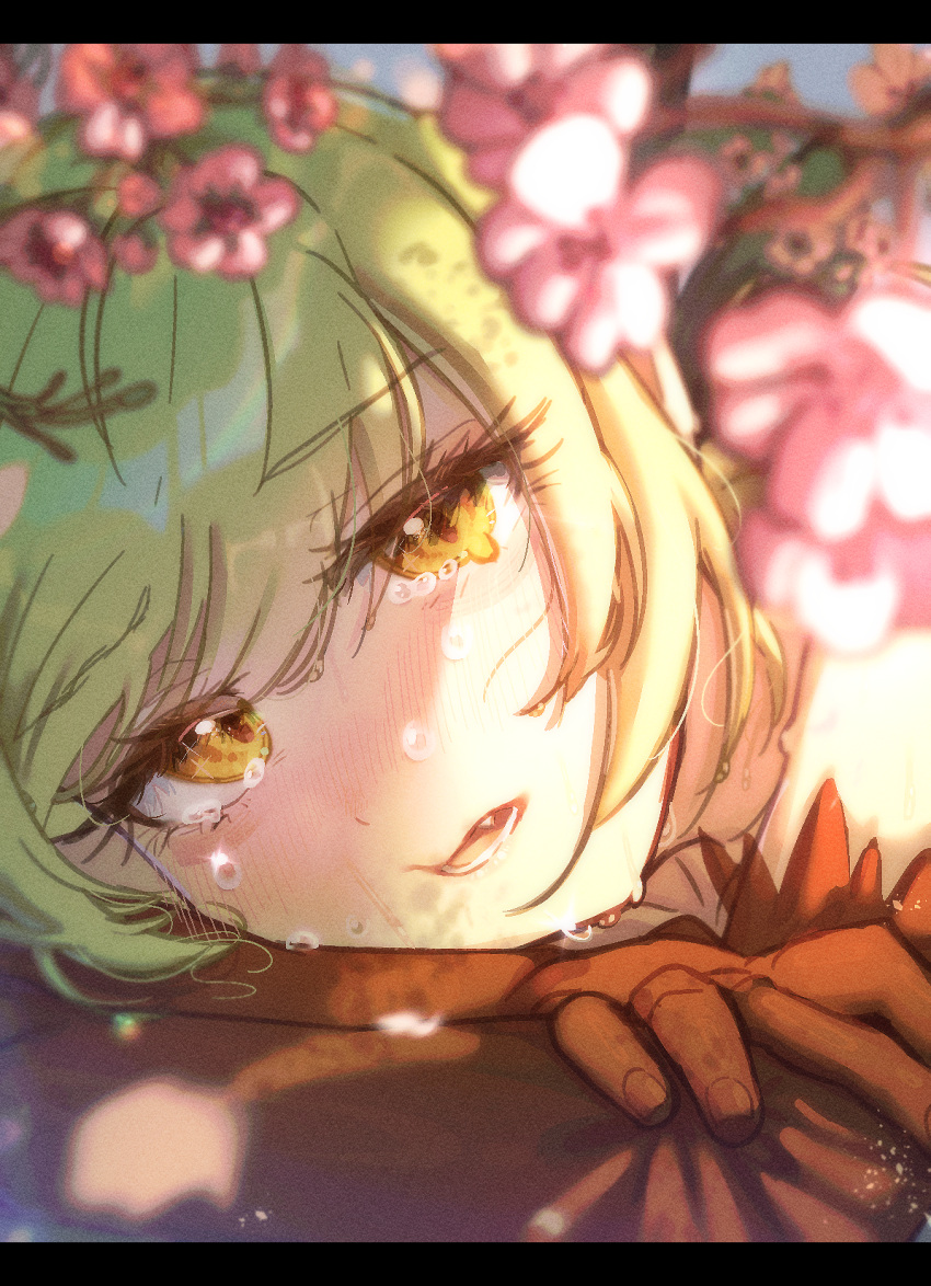 1girl, blonde_hair, blurry, cherry_blossoms, close-up, depth_of_field, fang, gloves
