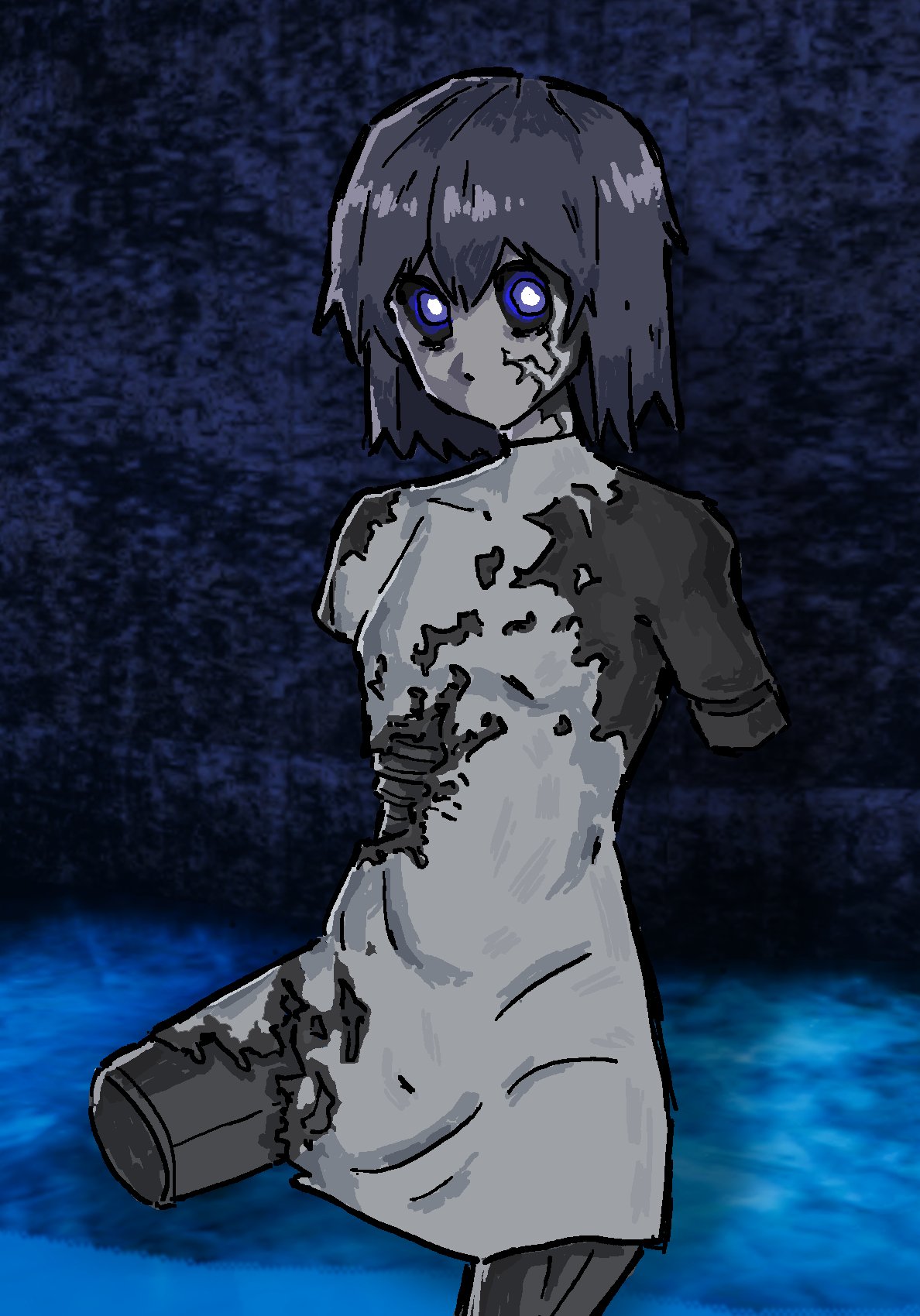 1girl, against_wall, amputee, artificial_eye, black_hair, black_sclera, bright_pupils, colored_sclera