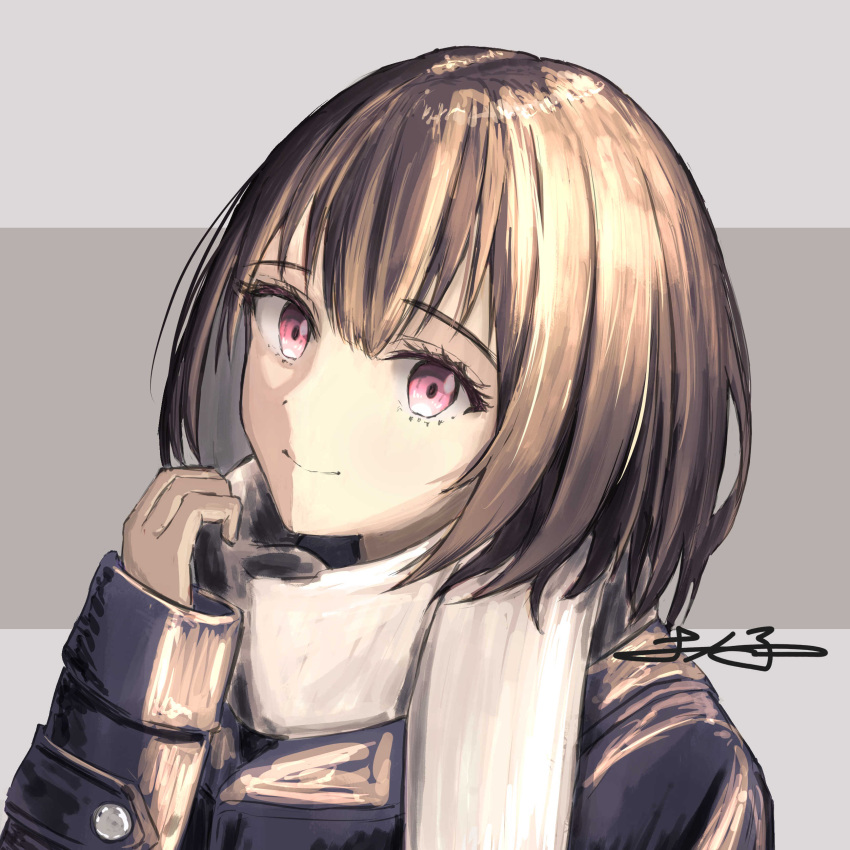 1girl, absurdres, brown_hair, coat, curled_fingers, grey_hair, highres, light_smile, looking_at_viewer, medium_hair, original, pink_eyes, scarf, tsuchinoko007_(chinokun_ilst), winter_clothes, winter_coat