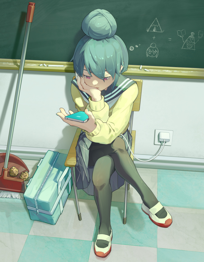 1girl, bag, blue_hair, broom, cellphone, chair, chalk, chalkboard, commentary_request, crossed_legs, dustpan, electrical_outlet, hair_bun, hand_on_own_face, highres, holding, holding_phone, long_sleeves, looking_at_phone, pantyhose, phone, plaid_clothes, plaid_skirt, pleated_skirt, power_strip, red_eyes, sailor_collar, school_chair, school_uniform, serafuku, shima_rin, shoes, single_hair_bun, sitting, skirt, smartphone, song113, sweater, uwabaki, yurucamp
