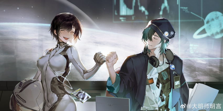 1boy, 1girl, absurdres, astronaut, beanie, black_hair, breasts, closed_eyes, commentary_request, cowboy_shot, from_side, girls'_frontline_neural_cloud, girls_frontline, green_hair, hat, helmet, highres, holding, holding_helmet, medium_breasts, official_art, open_mouth, paper, parted_lips, photo_(object), short_hair, smile, space_helmet, teeth, two-tone_bodysuit, upper_teeth_only, weibo_5367072777, xinghuan_(neural_cloud), yuwang_(neural_cloud)
