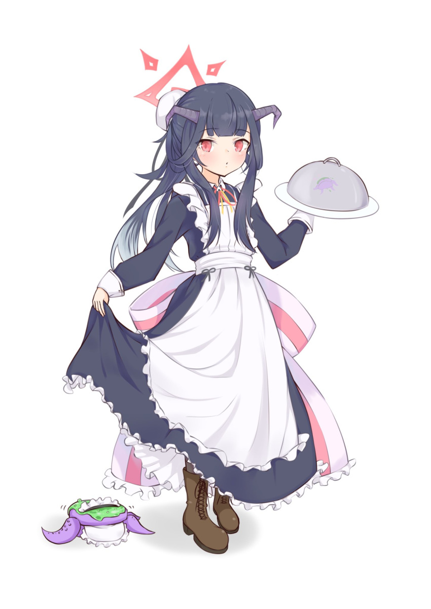 1girl, alternate_costume, alternate_hairstyle, apron, back_bow, black_dress, black_hair, black_horns