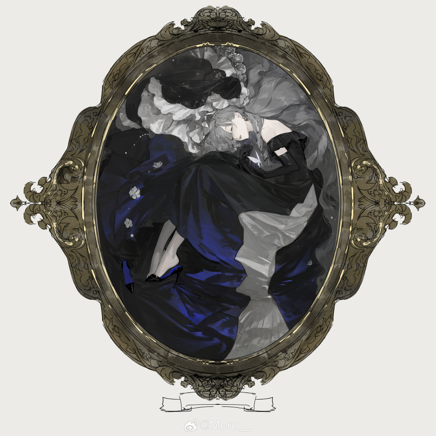 1girl, absurdres, bare_shoulders, black_dress, black_gloves, black_shoes, blue_dress, border