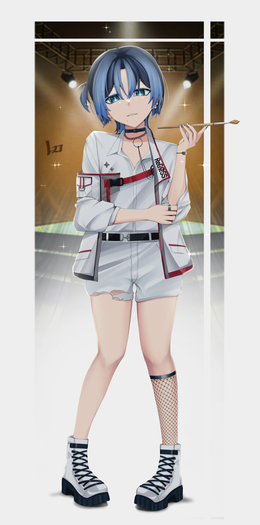 1girl, absurdres, blue_eyes, blue_hair, boots, collar, english_commentary, fishnet_socks, fishnets, full_body, highres, hiodoshi_ao, hiodoshi_ao_(regloss_uniform), holding, holding_paintbrush, hololive, hololive_dev_is, jacket, kneehighs, looking_at_viewer, lyska27, medium_hair, official_alternate_costume, paintbrush, shirt, shorts, single_kneehigh, single_sock, socks, solo, standing, virtual_youtuber, white_boots, white_jacket, white_shirt, white_shorts