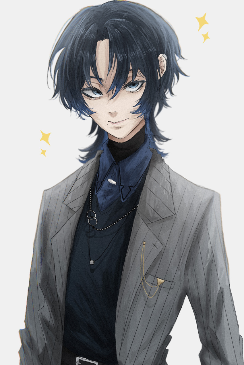 1girl, absurdres, black_hair, black_sweater, blue_hair, blue_shirt, collared_shirt, earclip