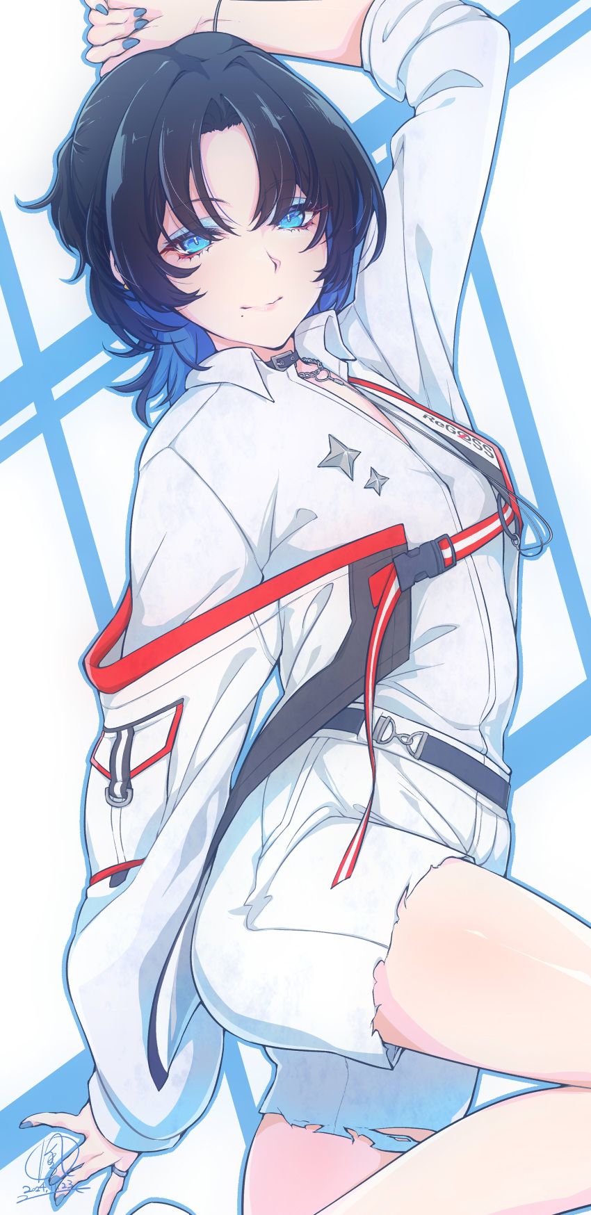 1girl, absurdres, arm_up, black_hair, blue_eyes, blue_eyeshadow, blue_hair, blue_nails
