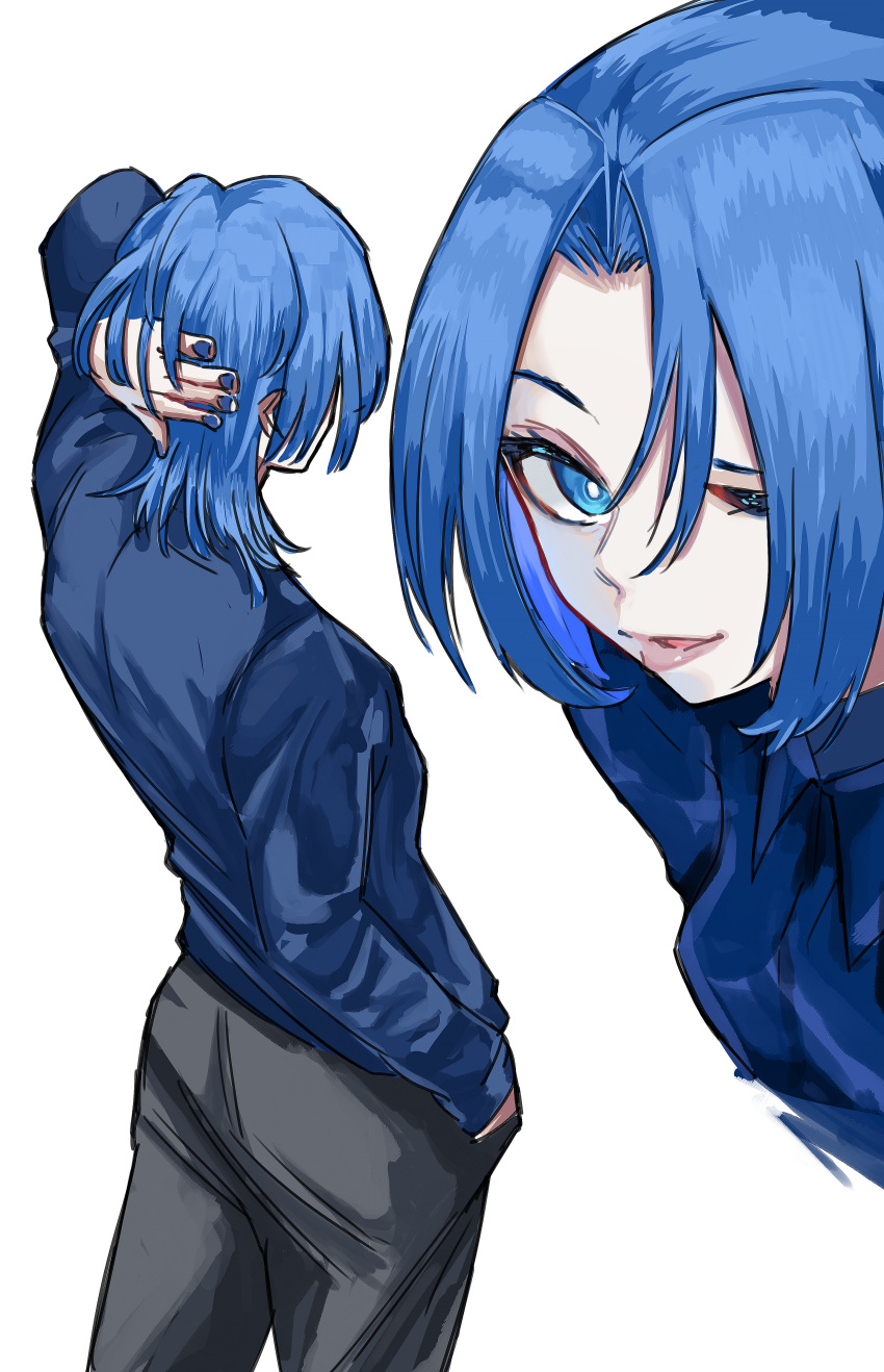 1girl, absurdres, black_pants, blue_eyes, blue_hair, blue_shirt, collared_shirt, handa_vega