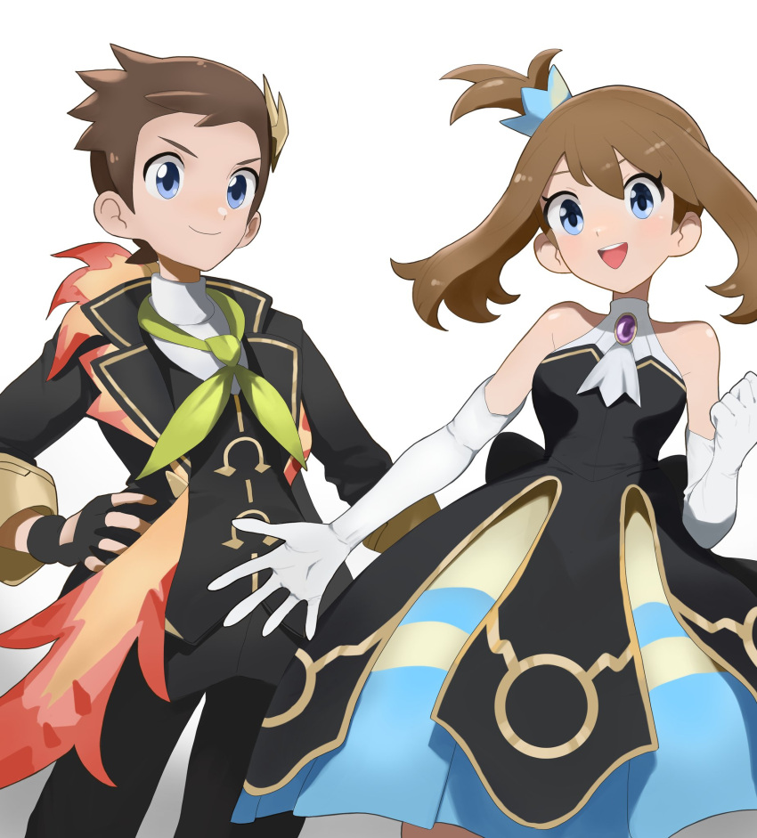 1boy, 1girl, :d, ascot, baeming, bare_shoulders, black_dress, black_gloves
