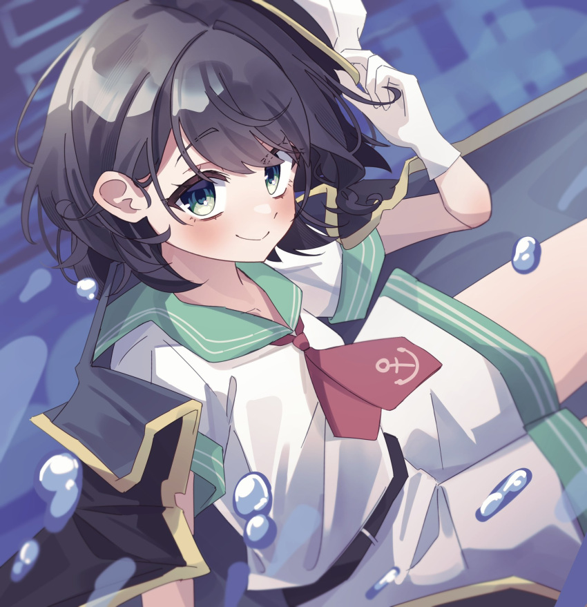 1girl, anchor_print, arm_up, belt, black_belt, black_hair, black_jacket, blush