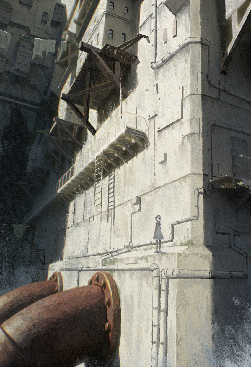 1girl, black_pantyhose, building, dress, fujidora_jp, grey_dress, grey_hair, highres