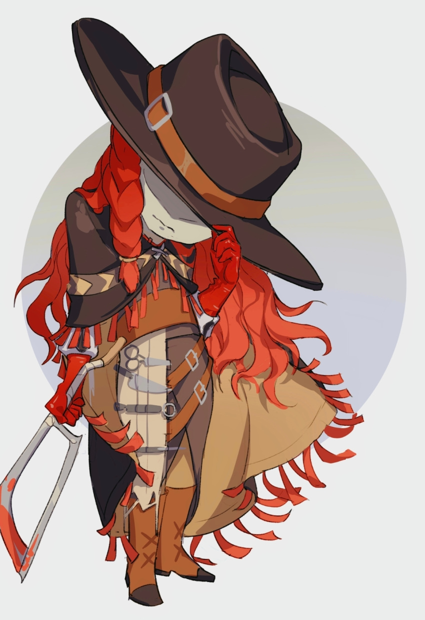 1boy, adjusting_clothes, adjusting_headwear, aleph_(reverse:1999), black_cape, black_hat, boots, brown_boots