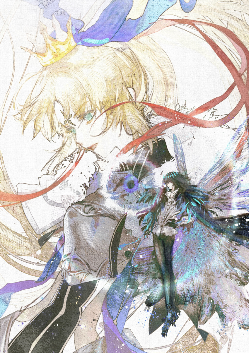 1boy, 1girl, absurdres, armor, arthropod_boy, artoria_caster_(fate), artoria_caster_(third_ascension)_(fate), artoria_pendragon_(fate)