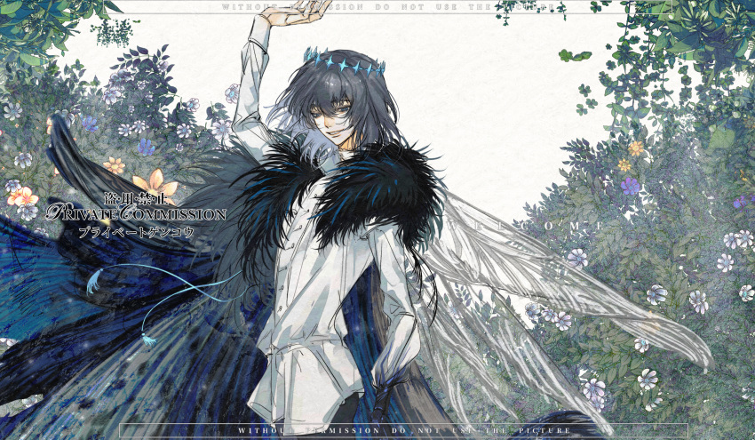 1boy, arthropod_boy, blue_eyes, cape, commission, crown, diamond_hairband, dragonfly_wings