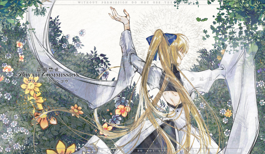 1girl, artoria_caster_(fate), artoria_caster_(third_ascension)_(fate), artoria_pendragon_(fate), back_cutout, blonde_hair, blue_bow, bow