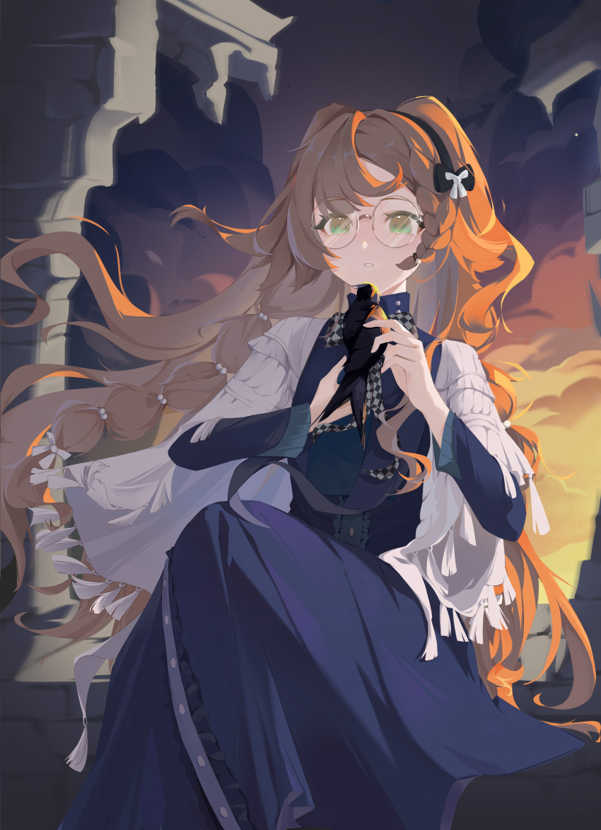 1girl, :o, absurdres, bird, bird_on_hand, black_bird, black_bow, black_hairband