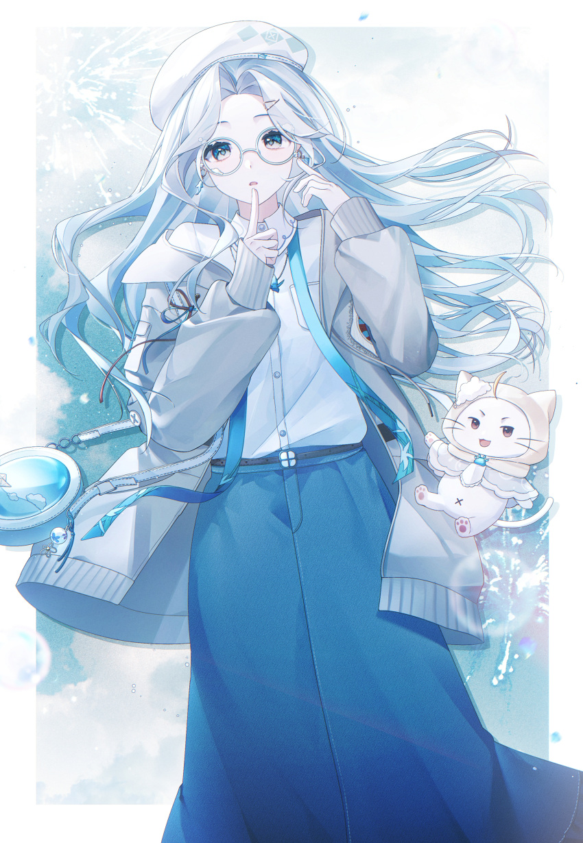 1girl, absurdres, ahoge, animal, bag, belt, beret, black_belt, blue_bag, blue_eyes, blue_skirt, border, breast_pocket, bronze, brooch, bubble, buttons, cat, cloak, clothed_animal, collared_shirt, denim, denim_skirt, dianyinddc, dot_nose, dress_shirt, ear_covers, earrings, expressionless, eyelashes, feet_out_of_frame, finger_to_own_chin, fireworks, glasses, grey_jacket, hair_ornament, hair_spread_out, hairclip, handbag, hat, highres, hood, hood_up, hooded_cloak, infinity_nikki, jacket, jewelry, light_blush, long_hair, long_skirt, long_sleeves, looking_at_viewer, lying, momo_(nikki), necktie, nikki_(series), on_back, open_clothes, open_jacket, outside_border, parted_bangs, parted_lips, paw_print, pocket, shirt, skirt, snow, sweater_jacket, whiskers, white-framed_eyewear, white_border, white_cat, white_cloak, white_hair, white_hat, white_necktie, white_shirt