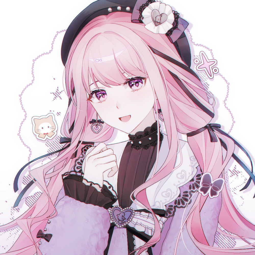 1girl, beret, black_bow, black_bowtie, black_hat, black_ribbon, black_shirt, bow, bow_earrings, bowtie, brooch, carefree_moments_(infinity_nikki), character_sticker, collared_shirt, dianyinddc, earrings, eyelashes, frilled_bowtie, frilled_sleeves, frills, fur_jacket, hair_bow, hair_ribbon, happy, hat, hat_bow, hat_ornament, heart, heart_brooch, heart_earrings, heart_hat_ornament, high_collar, infinity_nikki, jacket, jewelry, jirai_kei, lace-trimmed_sleeves, lace_trim, long_hair, long_sidelocks, long_sleeves, low_twintails, momo_(nikki), nikki_(nikki), nikki_(series), open_mouth, pink_eyes, pink_hair, purple_bow, purple_jacket, ribbon, shirt, sidelocks, smile, solo, sparkle, star_(symbol), tress_ribbon, twintails, upper_body, very_long_hair, wavy_hair, white_background